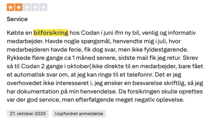 codan bilforsikring negativ anmeldelse