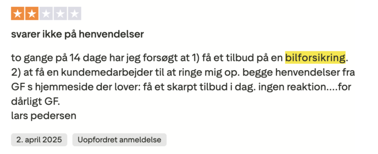 GF bilforsikring negativ anmeldelse