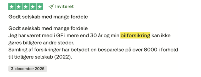 GF bilforsikring postiv anmeldelse trustpilot