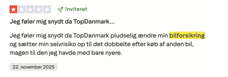 negativ anmeldelse til topndanmarks bilforsikring på trustpilot