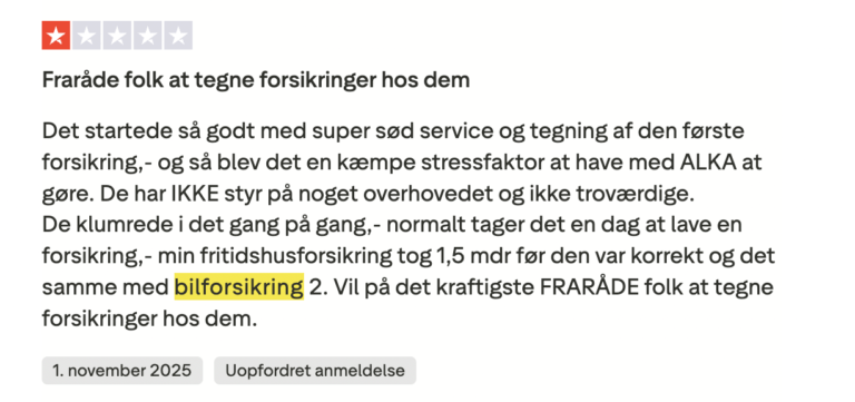 alka bilforsikring negativ trustpilot anmeldelse