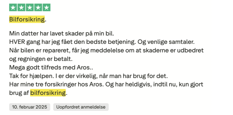 aros bilforsikring positiv anmeldelse på trustpilot